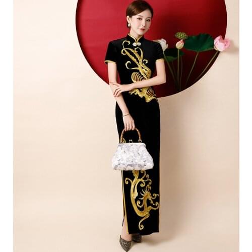 Chinese Traditional Women Gold Velvet Cheongsam Dress Elegant Ladies Vintage Dragon Phoenix Embroidery Velour Qipao Oversize 5XL