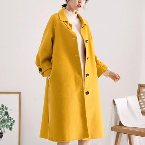 Long 100% Wool Coat Women Korean Elegant Wool Jacket Spring Autumn Yellow Coats and Jackets Women Casaco Feminino HD2022 KJ6055