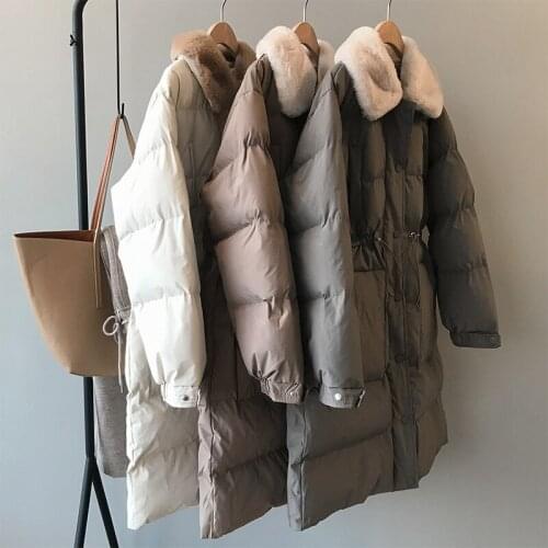 Women Long Warm Coat Beige Oversize Parkas Winter Women Real Fur Collar Cotton Coat Vintage Llace-Up Waist