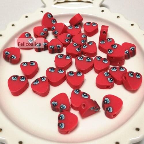 20pcs 10mm Kawaii Red Heart Shape Cute Face With Eyes Polymer Clay Loose Spacer Beads for DIY Jewelry Making Girls Bracelet