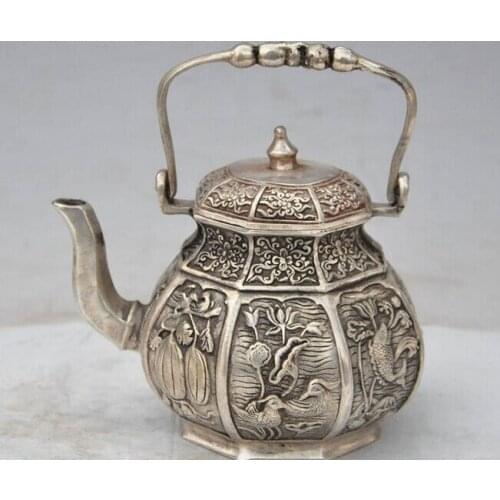 Decoration bronze factory outlets Tibet Silver 5" chinese silver 8 Surface lotus Mandarin duck fish statue Wine Tea Pot Flagon