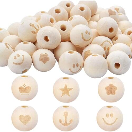 50pcs Unfinished Wood Spacer Beads with Patterns Wooden Loose Beads Craft Beads (15mm) for DIY Jewelry Making - 6 Styles