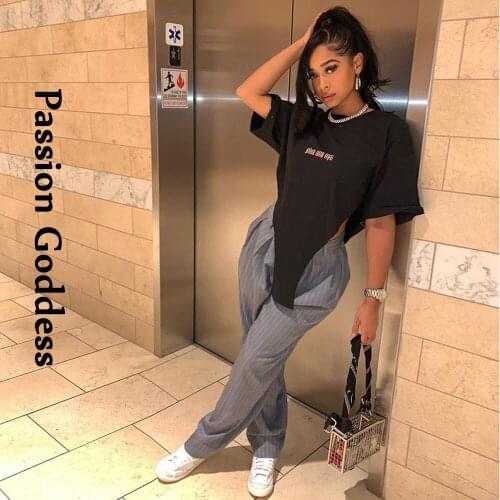 Casual Women Loose Triangle Shirts Letter Printed Short Sleeve Black Cotton T Shirt Summer Creative Irregular t-shirt Streetwear