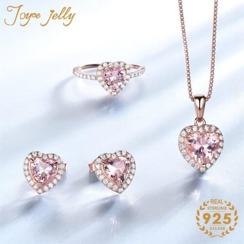 JoyceJelly Women 925 Sterling Silver Jewelry Set Fashion Style Heart Design Pink Gemstone Earrings Ring Necklace Hot Selling 202