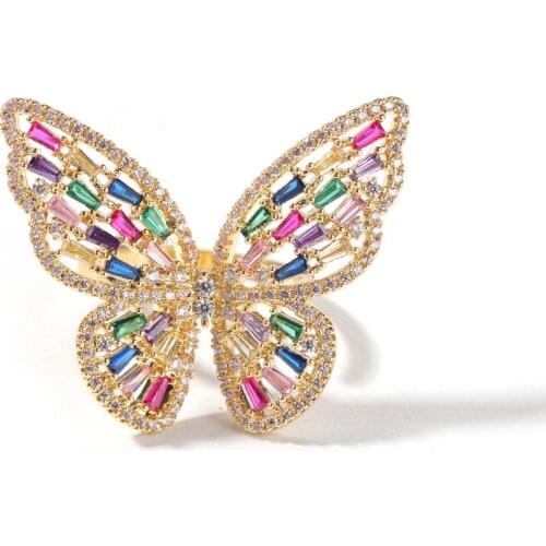 Hip Hop Hollow Micro-set Zircon Rose Gold Butterfly Cubic Zircon CZ Ring Adjustable Index Finger Ring for Men Women Jewelry