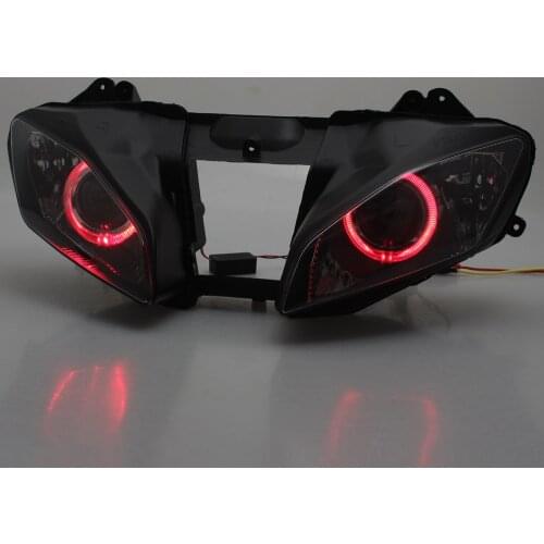 Red Angel Eyes Motorcycle Headlamp Assembly Custom Headlight HID Projector Conversion LED For Yamaha YZF R6 2008-2015