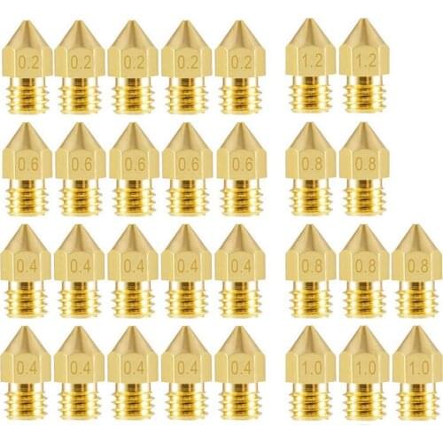 30PCS MK8 Brass Nozzle Extruder Nozzle Kit 0.2MM 0.4MM 0.6MM 0.8MM 1.0MM For CR10 Ender-3 MK8 Makebot 3D Printer Accessories HOT