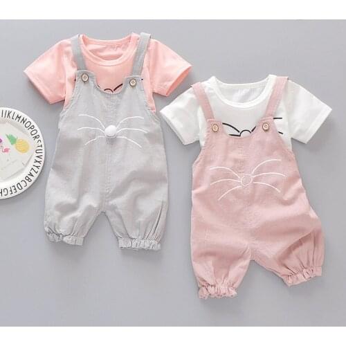 New Summer baby girl clothes Cute Cat mustache baby suit Short sleeve T-shirt+Conjoined trousers 2 piece set 3 Months-4 Yrs