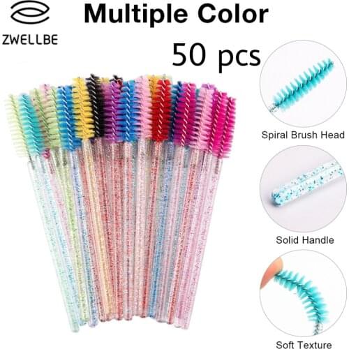 Zwellbe 50 Pcs/Pack Disposable Eyelash Brush Crystal Eye Lash Makeup Brushes Mini Mascara Wands Brush Eyelash Extension Tool