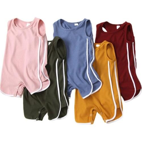 Wholesale Boys 5 Colors Toddler Baby Kids Splicing O-Neck Sleeveless Jumpsuits Bodystuits Romper Kids Ribbed Buttons Clothes