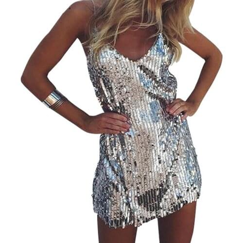 Dresses Women Solid Color V Neck Strappy Backless Slim Fits Sequin Party Club Mini Dress Backless Slim Fit Straight Party Dress