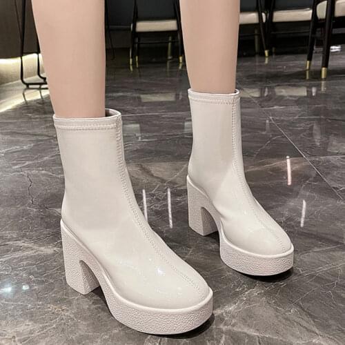 Rimocy White Patent Leather Ankle Boots for Women Fashion Back Zipper Square High Heels Boots Woman Waterproof Platform Booties
