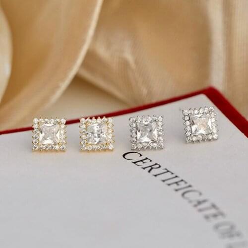 Luxury Female Small Square Stud Earrings Crystal Zircon Stone Wedding Earrings Real 925 Sterling Silver Gold Earrings For Women