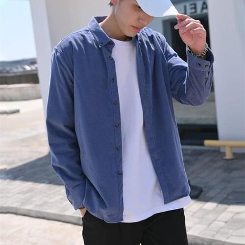 Mens shirt new spring and autumn Korean edition mens cotton corduroy long-sleeve shirt fashion vintage pure color simple shirt