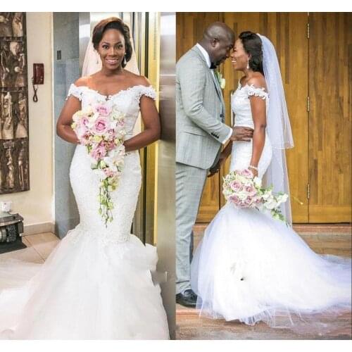 Off The Shoulder Beach Wedding Dresses Lace And Tulle Cap Sleeves Mermaid Wedding Dress Count Train African Cheap Bridal Gown