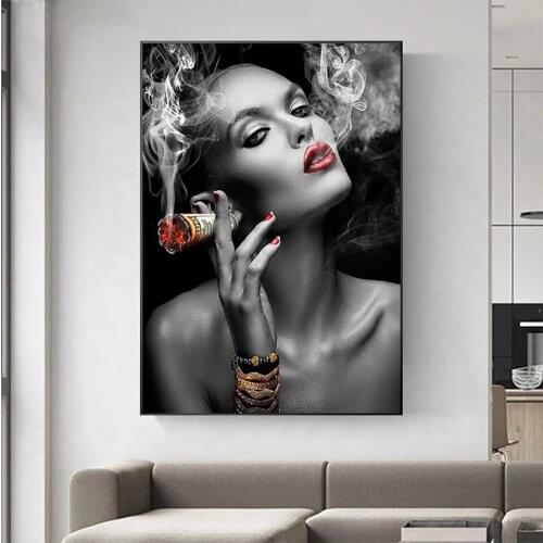 Modern Black White Sexy Smoking Woman Print Canvas Painting Posters and Wall Art Picture For Living Room Home Karaoke Bar Decora