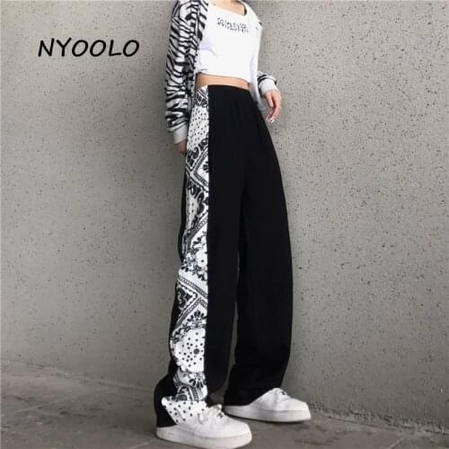 NYOOLO Harajuku Streetwear Vintage Floral Patchwork Elastic High Waist Straight Goth Pants Women Men Hip Hop Punk Baggy Trousers