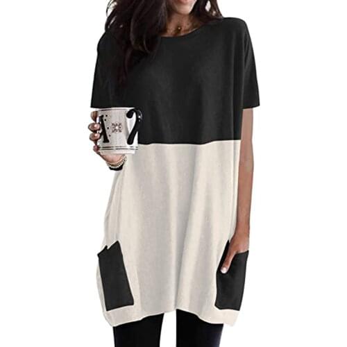 Women Tunics Blouse 2021 Lady Short Sleeve Blouses Summer Patchwork Pockets O-neck Top Casual Outdoor Blouse Платье Летнее