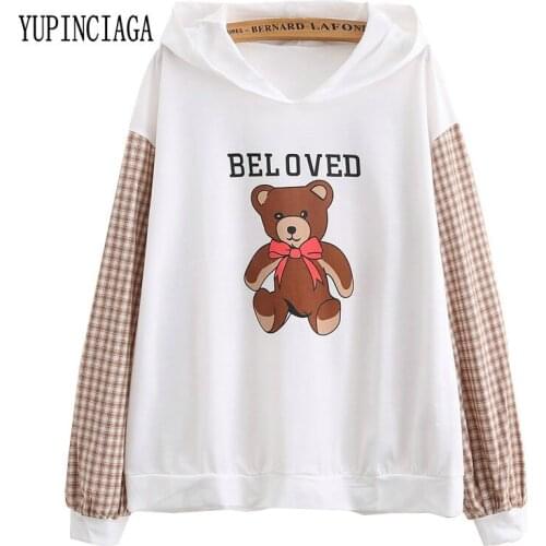 Women Cartoon Letter Print Patchwork Hooded Sweatshirt 2020 Spring Loose Long Sleeve Hoodies Sweet Style Girl Casual Pullovers