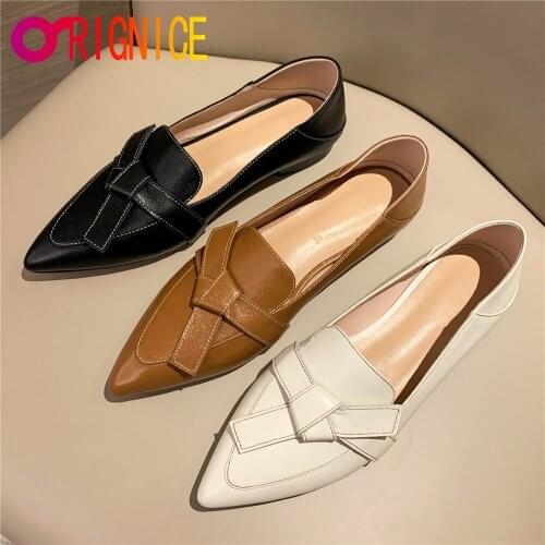 Orignice New Arrival Women Genuine Leather Flats Pointed Toe Slip On Solid Color Butterfly Knot Casual Street Shoes Handmade