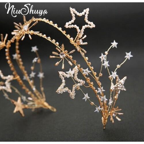 NiuShuya Gold Rhinestone Star Bridal Hairbands Wedding Hair Accessories Handmade Crystal Beaded Women Party Jewelry Hairwear
