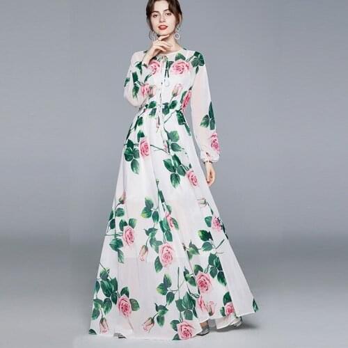 Women Chiffon Long Dress Spring Summer 2021 New Elegant Fashion O-Neck Long Sleeve Empire Waist Rose Printing Flowing Dress