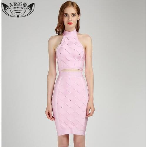 Summer Women Sleeveless Bandange Dresses Zipper Lace Hollow Out Design Pink Sexy Ladies Knee-Length Turtleneck Bandage Dress
