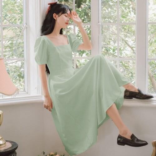 Vintage Short Sleeve Dress Women Summer New Square Neck Elegant Palace Puff Sleeve Mid-length Dress Vestidos de mujer Casual