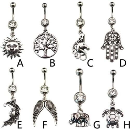1pc Surgical Steel Trible Dangle Belly Button Navel Bar Rings Piercing 14g Sun,Tree,Moon,Turtle Dangling
