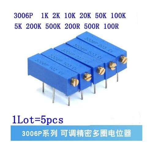 5PCS 3006P Precision Multi-turn Adjustable Potentiometer 1K 2K 5K 10K 20K 50K 100K 200K 500K 100R 200R 500R 100 200 500 ohm