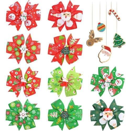 10PCS/LOT Winter Girls Christmas Hair Bows With Clips Santa Claus Hair Bows For Baby Hair Clip Boutique Hairpin Kids Accessories