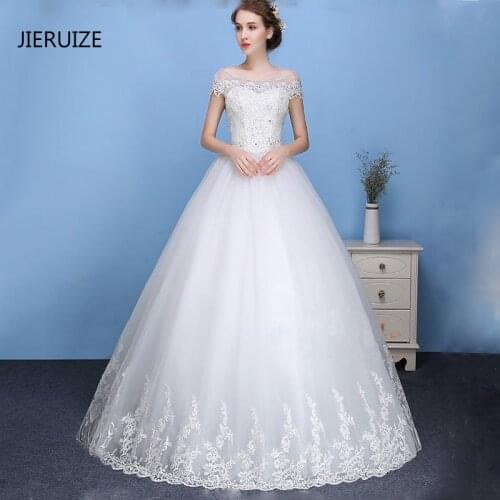 JIERUIZE White Lace Appliques Ball Gown Cheap Wedding Dresses Lace Up Back Short Sleeves Wedding Gowns robe de mariee