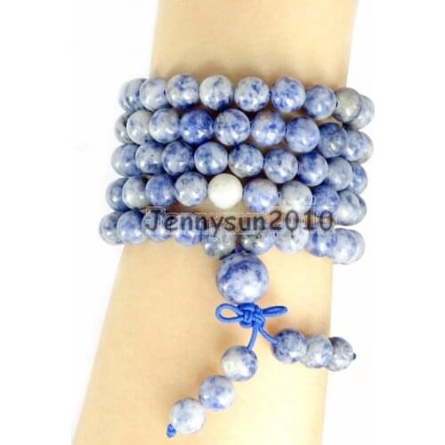 Natural Blue Spot 8mm Gem Stone Buddhist 108 Beads Prayer Mala Multi-Purpose Stretchy Bracelet Necklace 2Strands/Pack