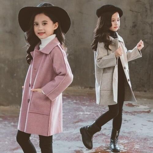 Childrens Woolen Jacket Outerwear Fall And Winter 2019 Girls Wool Overcoat Female Kids Leisure Long Trench Coat Clothes B332