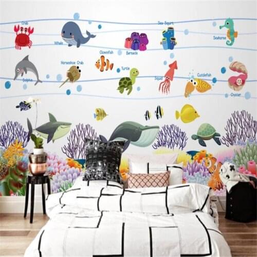 Custom Mural Wallpaper Cartoon Sea Creatures Undersea Childrens Room Background Wall Painting
