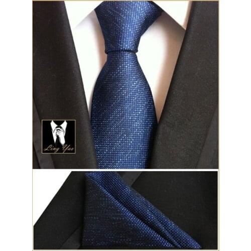 Tie Hot Sale 8cm Designer Necktie SET Fashion Solid Dark Blue Ties with Pocket Square Sets for Men