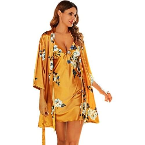 Sexy Satin Robe Suit 2PCS Floral Printed Kimono Gown Set Sleeveless Strap V-Neck Sleepwear Thin Loose Nightdress Mini Bathrobe