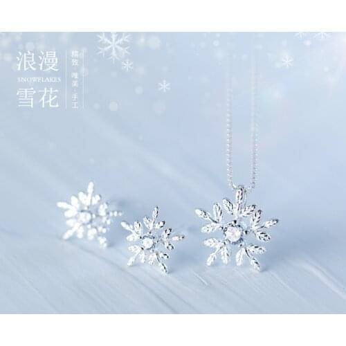 XIYANIKE 925 Sterling Silver Korean Fashion Small Snowflake Diamond Zircon Earrings Necklace Set Female Sweet Flower Couple