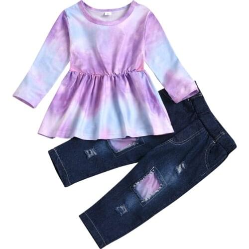 Little Girl’s Long-sleeved Trousers Suit Fresh Tie-dye Round Neck T-shirt and Personality Denim Long Pants
