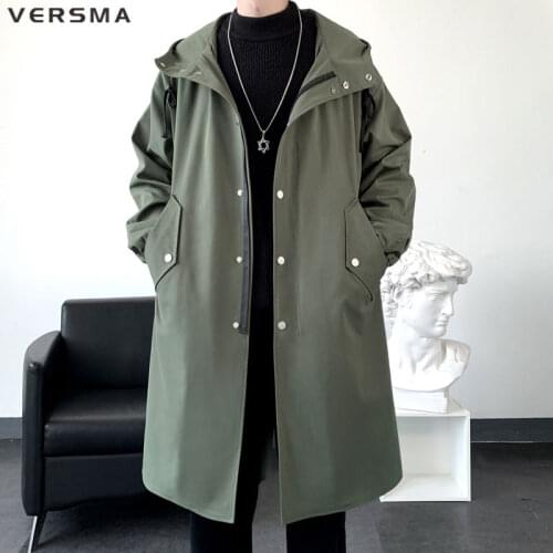 VERSMA British Style Long Hooded Military Jacket Coat Male Autumn Loose German Windbreaker Green Trench Coat Men Dropshipping