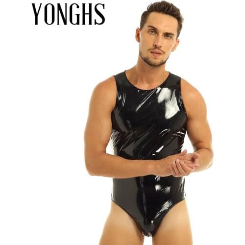 Mens Lingerie Bodysuit Wetlook Patent Leather One-piece Clubwear Sleeveless Leotard Back with Zipper Crotch Bodysuit Jumpsuit