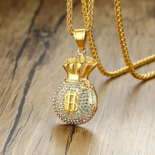 Hip Hop Titanium Steel with Rhinestone Purse Money Pendant & Necklace For Men Jewelry wholesale
