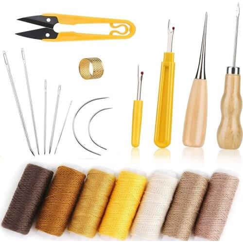 KAOBUY Leather Craft Stitching Tools Set With Hand Sewing Needles Awl Thimble Waxed Thread Seam Rippers For DIY Leather Sewing