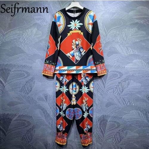 Seifrmann New 2021 Autumn Women Fashion Designer Pants Set Long Sleeve Loose Tees + Elastic Waist Vintage Print Long Pants Suits