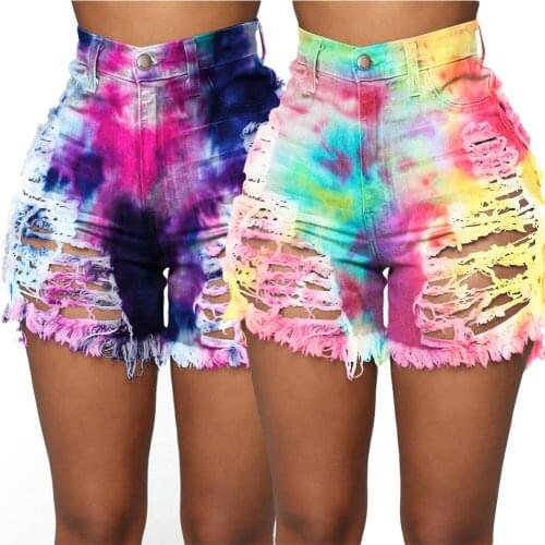 Sexy Cut-Out Button Tie-Dye Printed Denim Shorts Tassel Frazzle Skinny Distressed Casual Streetwear Female Sports Ripped Jeans