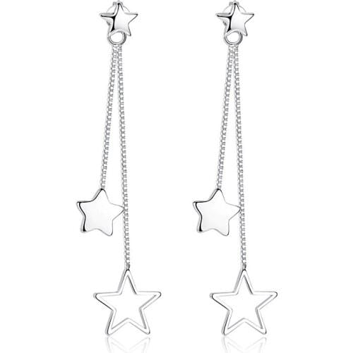 Korean 925 Sterling Silver Double Star Drop Earrings for Women Jewelry Long Tassel Ear Line Pearl Statement Earring Party Gift