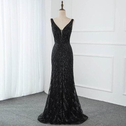 YQLNNE Sexy Black V Neck Beaded Evening Dresses Long Mermaid Backless Formal Dress Evening Gown Robe De Soiree
