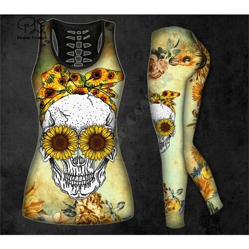 PLstar Cosmos Womens for girl Workout Pants Sunflower skull 3D Printed Hollow Tanktop sexy Yoga Suit Fitness Soft Legging