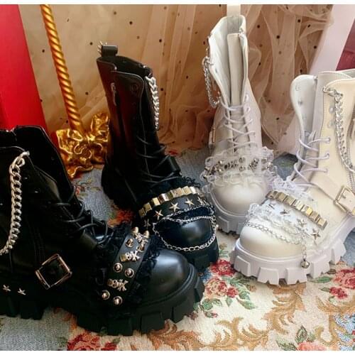 Women Round Toe Skull Cross Metal Chain Gothic Punk Ankle Boots Shoes Platform Chunky Heel Creepers Japanese Harajuku Dark