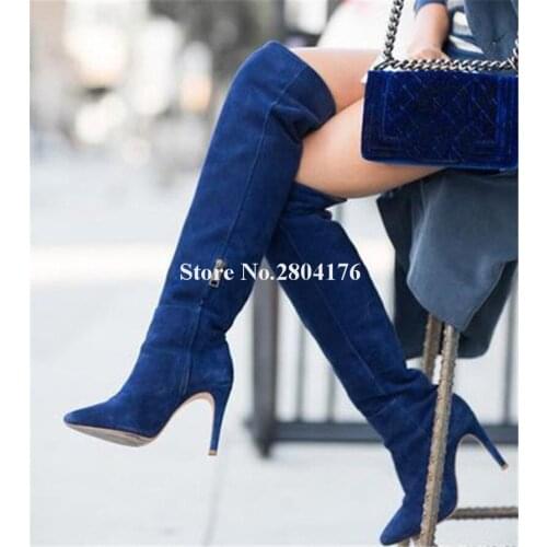 Women New Fashion Pointed Toe Suede Leather Over Knee Stiletto Heel Boots Sexy Blue Long High Heel Boots Dress Shoes